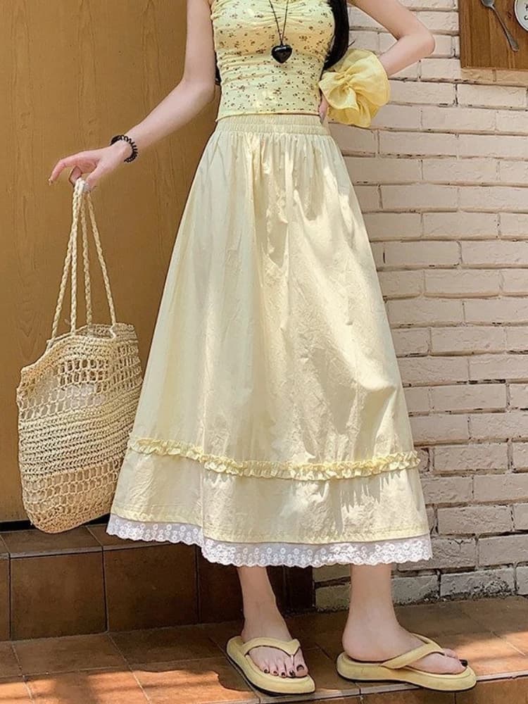 Jupe longue taille haute style coréen pour femme, été 2026, jaune, avec dentelle douce, coupe parapl