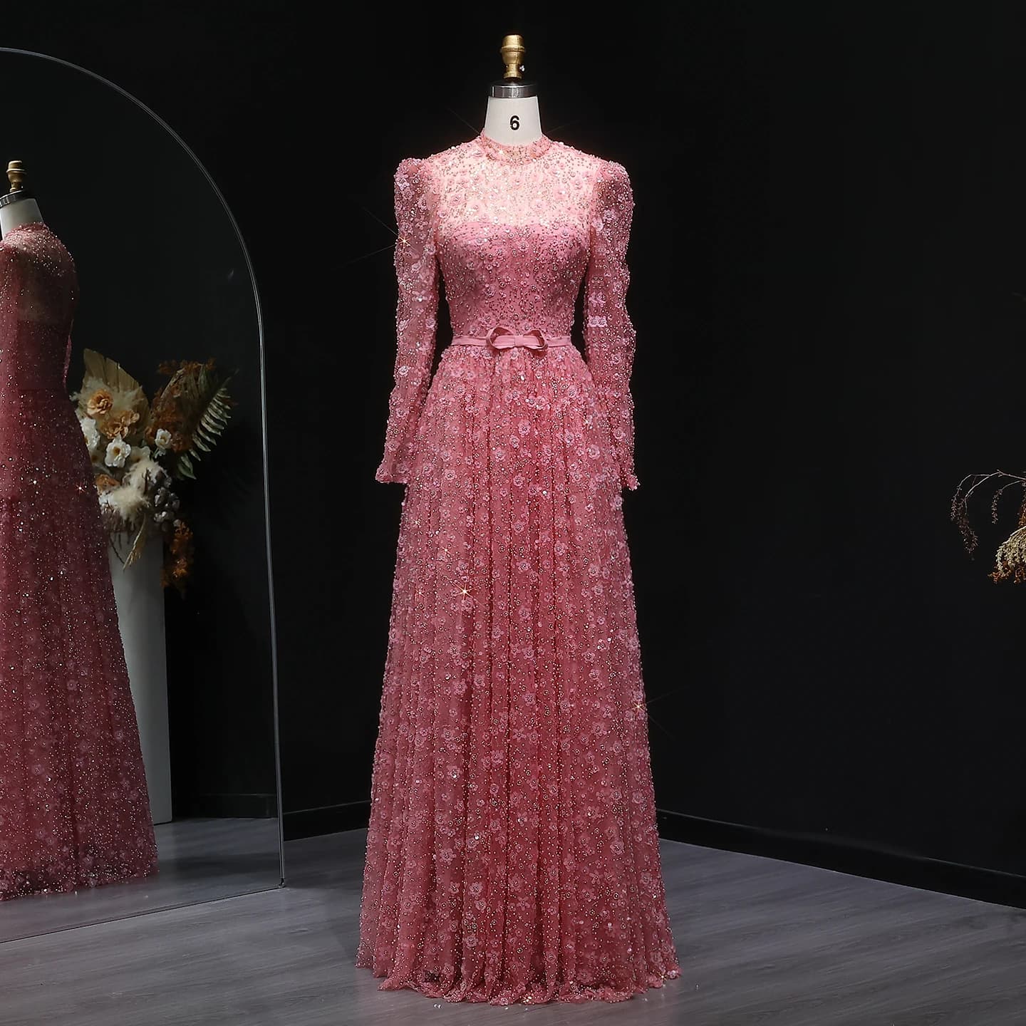 Robes de soirée longues à manches longues Sharon Said, roses, ornées de fleurs 3D, ceinture à nœud, 
