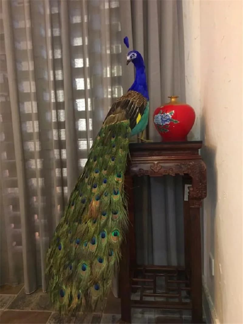 Modèle de paon à queue longue de 120 cm, réaliste, en mousse colorée et plumes véritables, magnifiqu