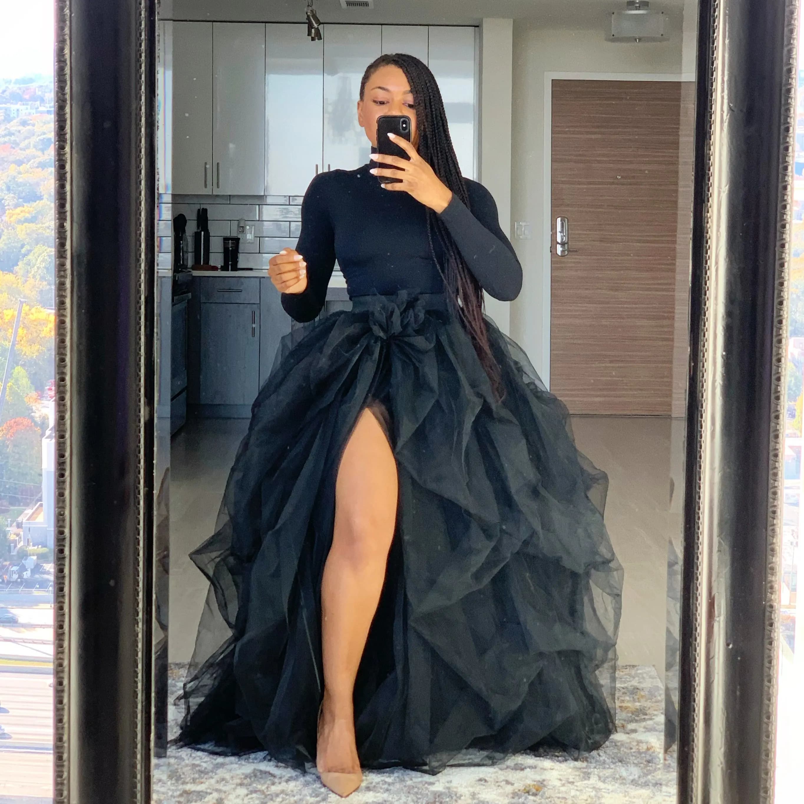 Jupe longue tutu pour femme, fendue sur le devant, en tulle superposé, bouffante, longueur ras du so