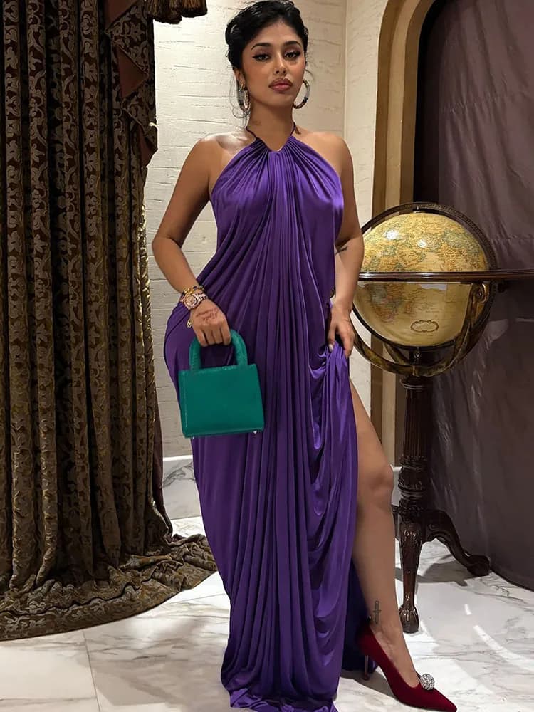 Kliou – Robe longue froncée élégante pour femmes, col rond, épaules dénudées, slim, extensible, mi-n
