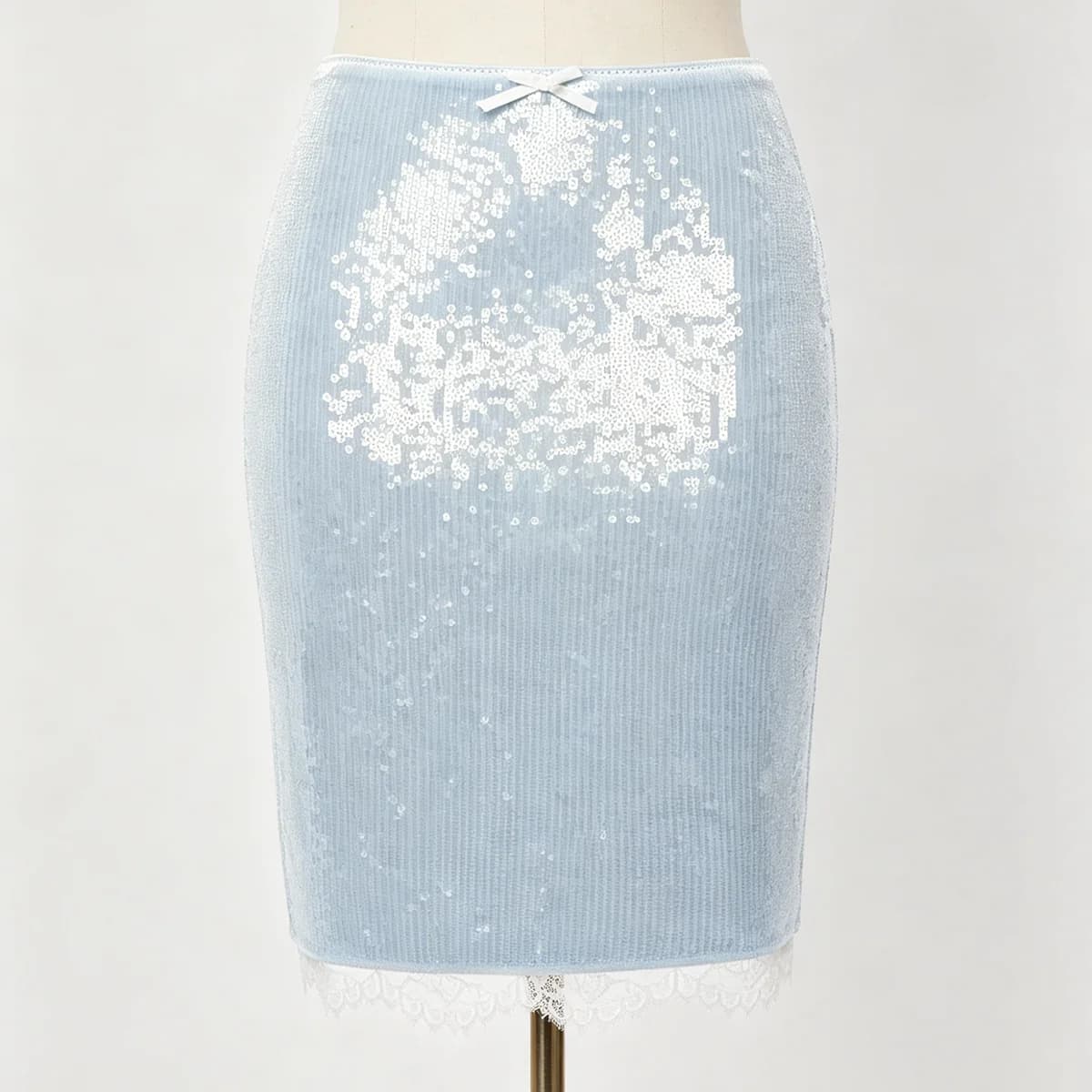 Jupe crayon taille haute LIMO pour femme, motif cœur, sequins, nœud décoratif, ourlet en dentelle, m