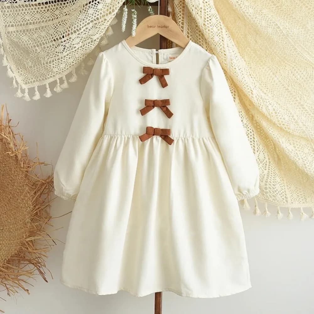 Robes décontractées beiges pour filles, automne, manches longues, décoration avec nœud, robe de prin