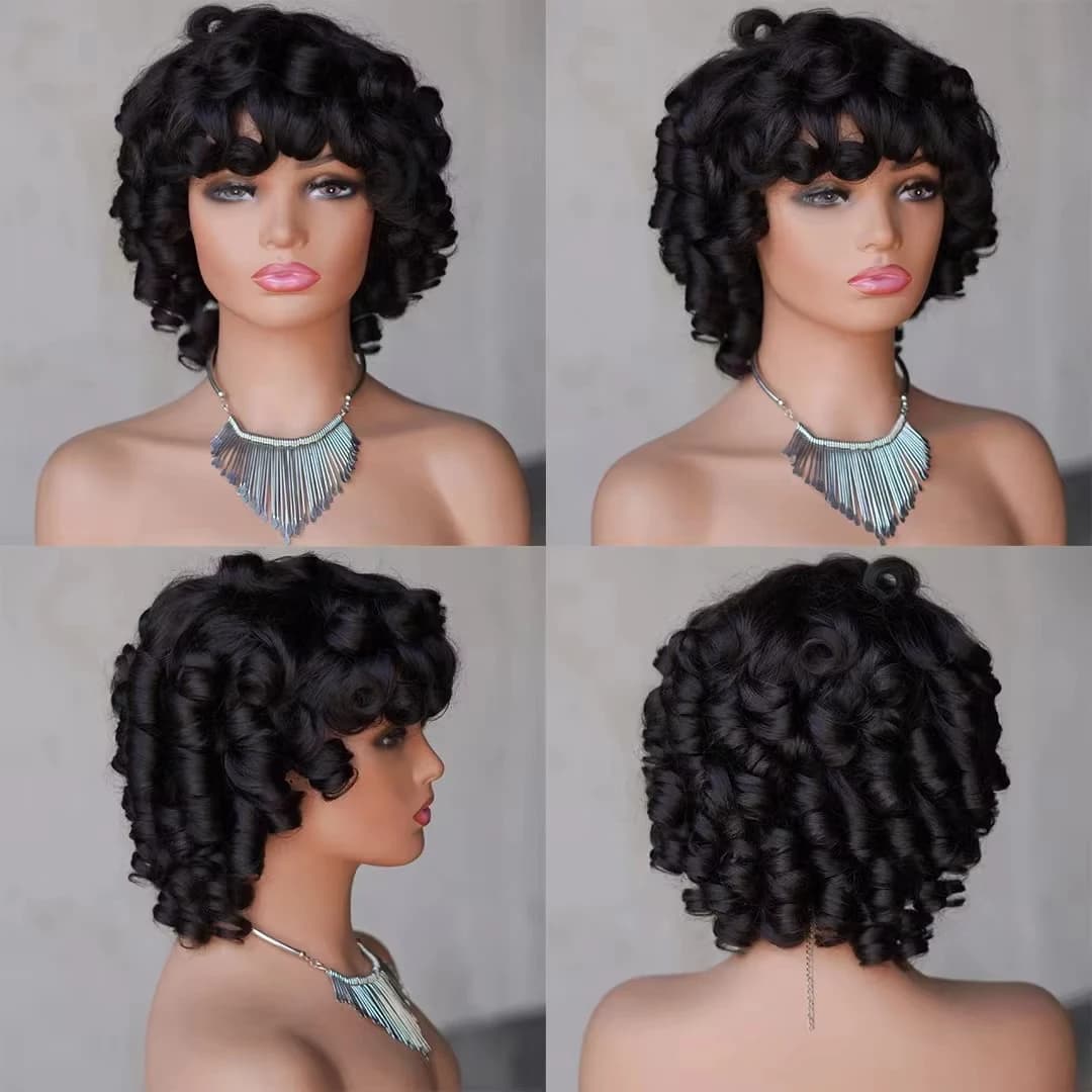 Funmi-Perruque Bob Courte Bouclée avec Frange pour Femme, Cheveux Naturels Vietnamiens, Prêt à vitat