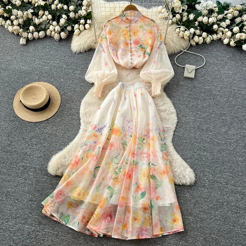 Ensemble élégant 2 pièces pour femme : chemisier à manches lanternes imprimé floral et jupe longue é