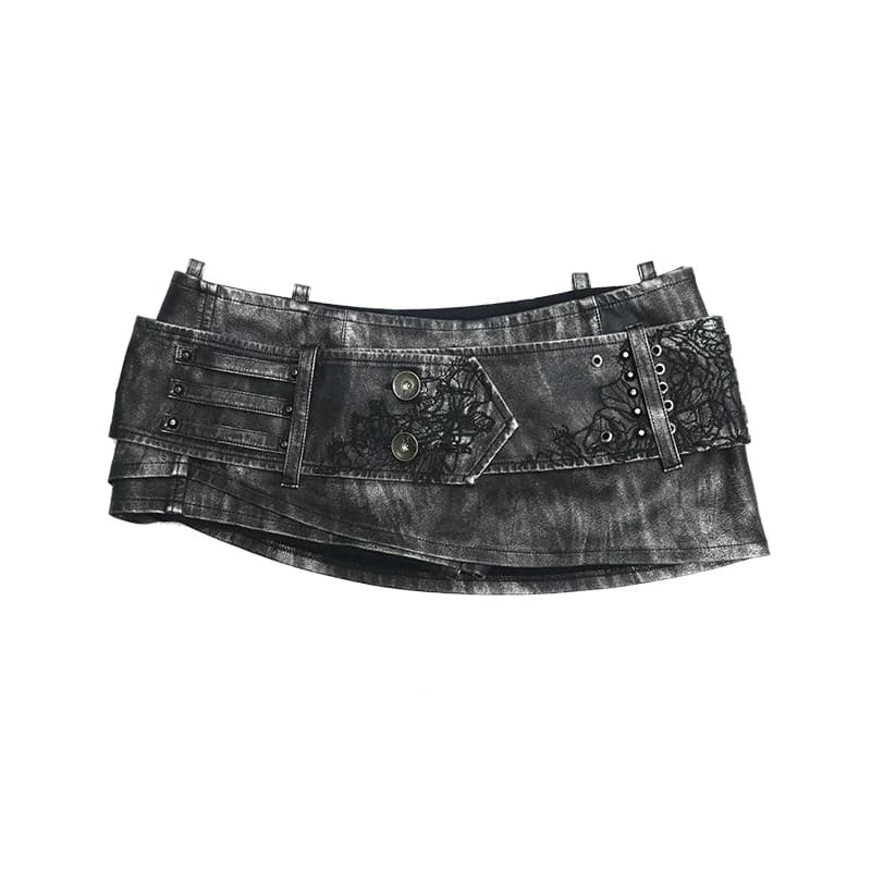 Jupe courte en cuir PU vieilli Lautaro Printemps-Été pour femme avec ceinture brodée et rivets, styl