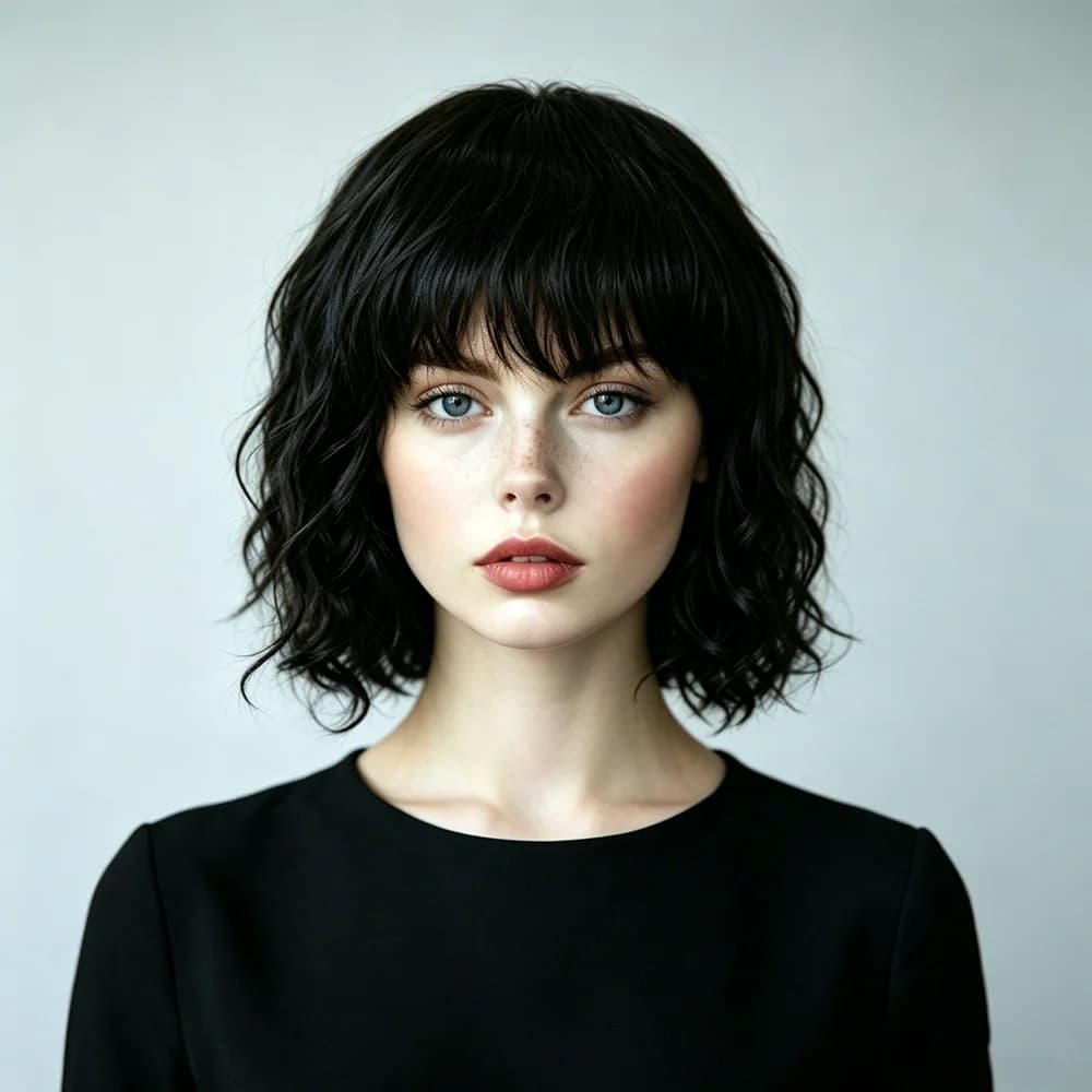 Perruque courte noire ondulée style bob avec frange, aspect naturel, 100% cheveux humains, entièreme