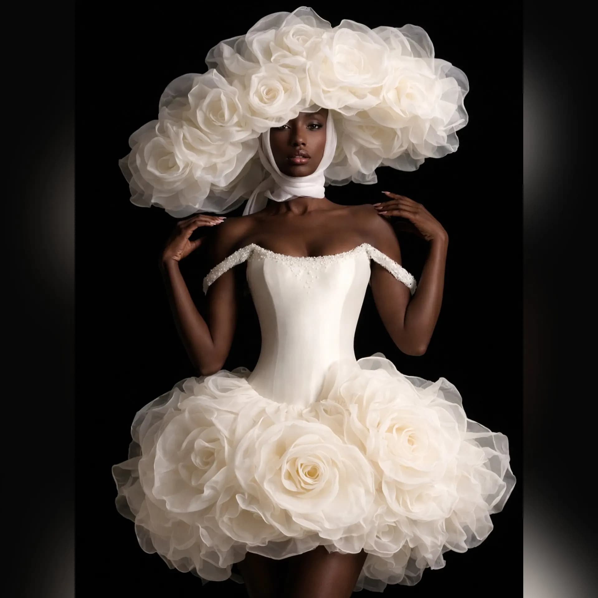 Robe blanche à épaules dénudées avec jupe bouffante, corsage orné de grandes fleurs et de perles, ro