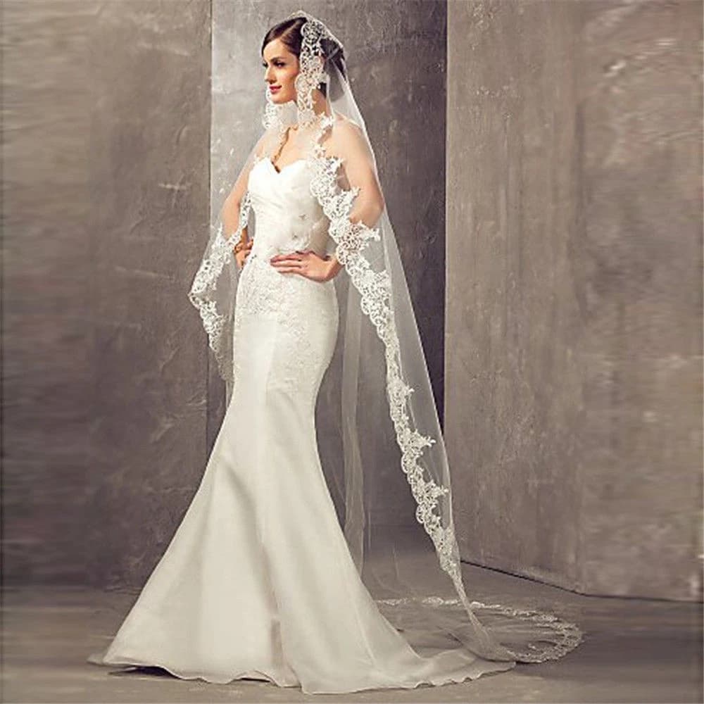 Voile de mariée Long et luxueux, bord en dentelle, blanc/ivoire, avec peigne, cathédrale en Tulle, u