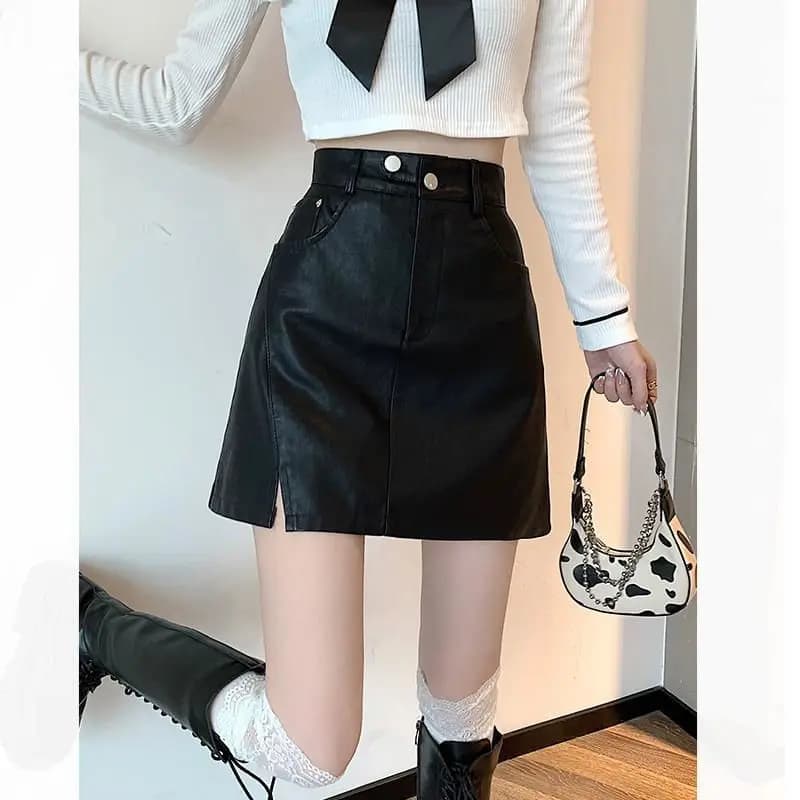 Petite jupe en cuir taille haute fendue pour femme, jupe courte trapèze amincissante, jupe sexy couv