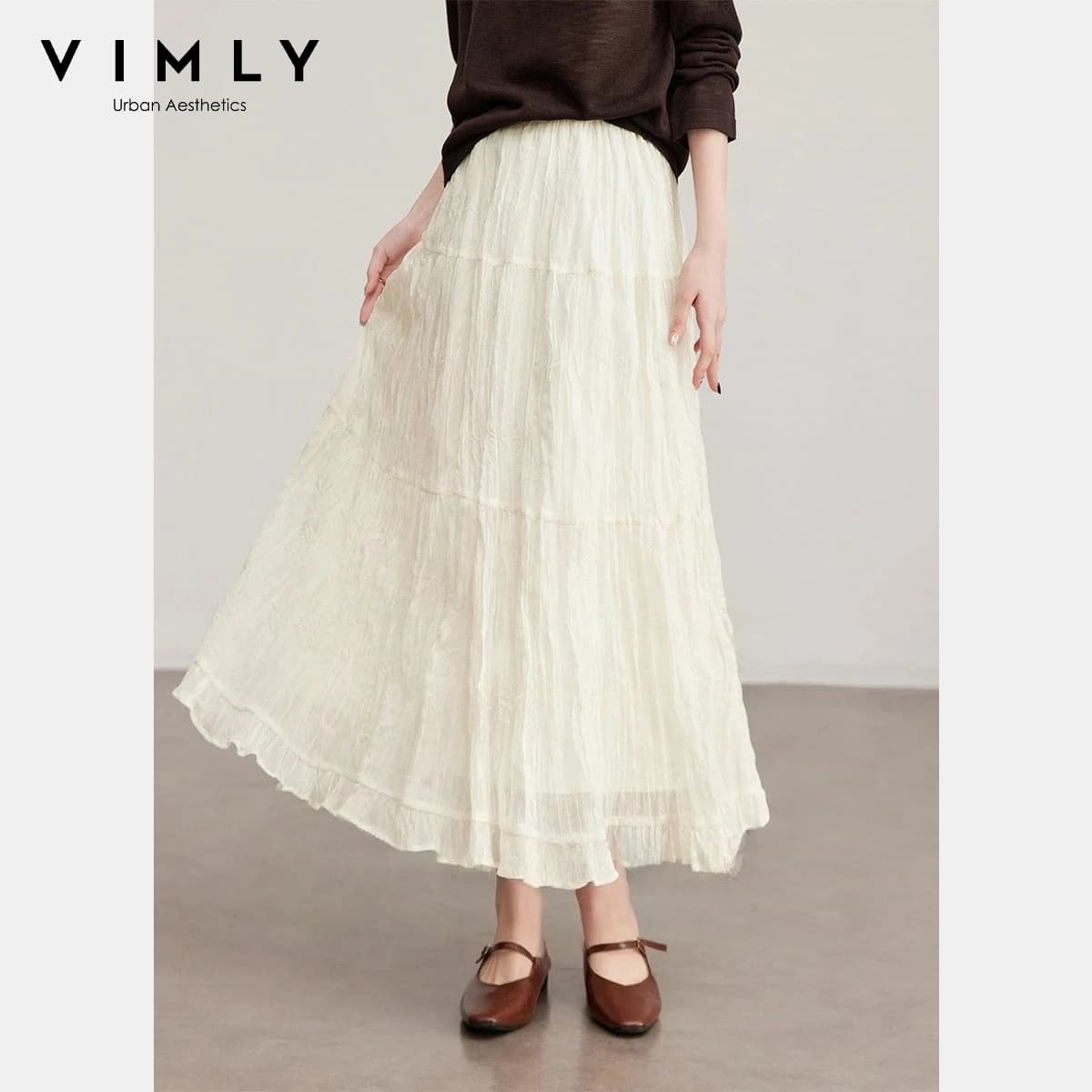 Jupe longue plissée à volants VIMLY Elegance abricot pour femme, nouvelle collection printemps 2026,