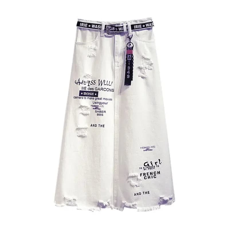 Jupe longue en denim blanc pour femmes, lettres imprimées, style coréen, mode, surdimensionnée, gran