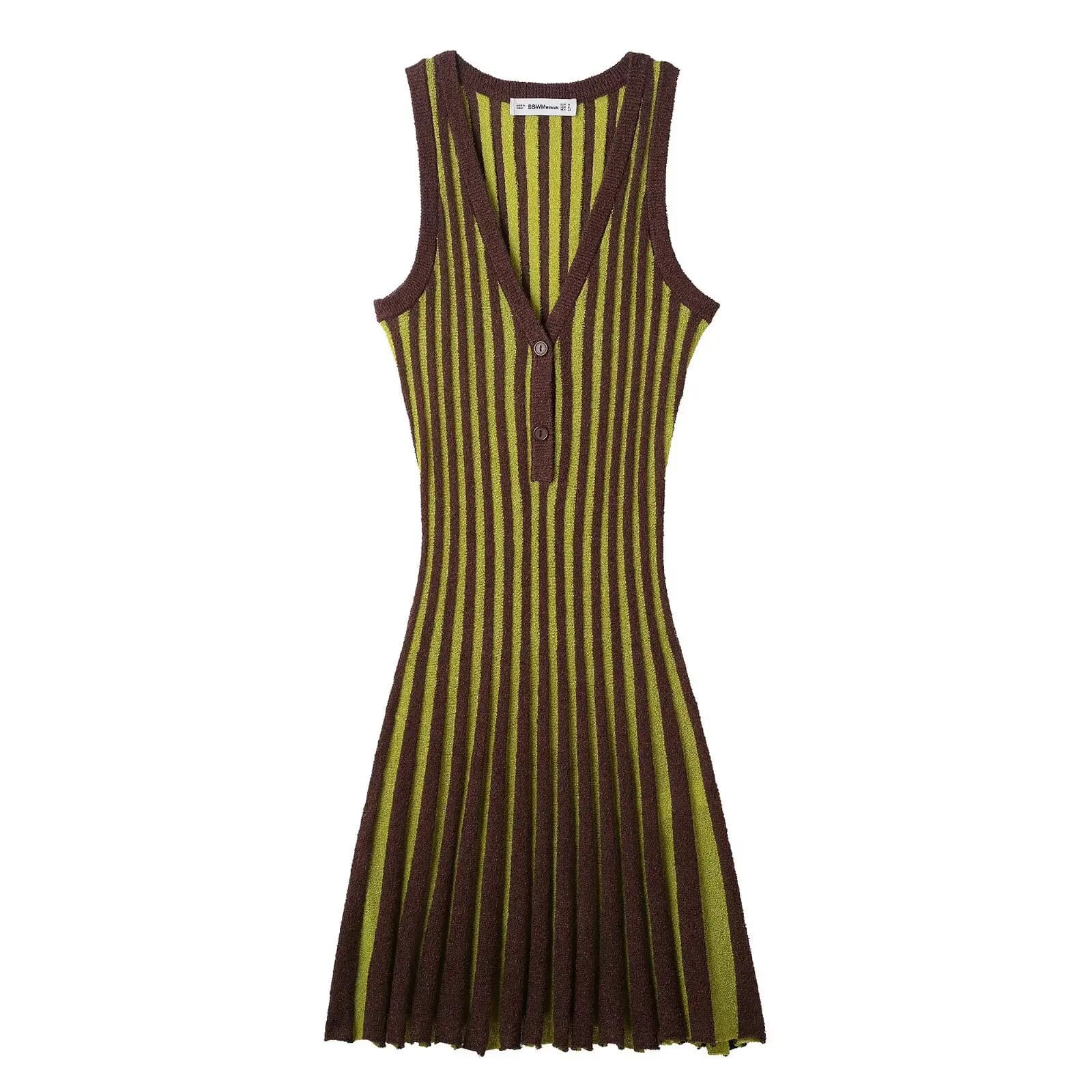 Nouvelle robe mini moulante sans manches à col en V, élégante et féminine, en tricot rayé style rétr