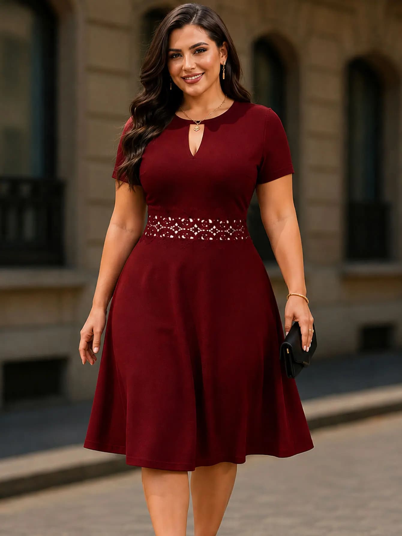 Robe trapèze élégante à manches courtes et col rond pour femmes grandes tailles, style décontracté c