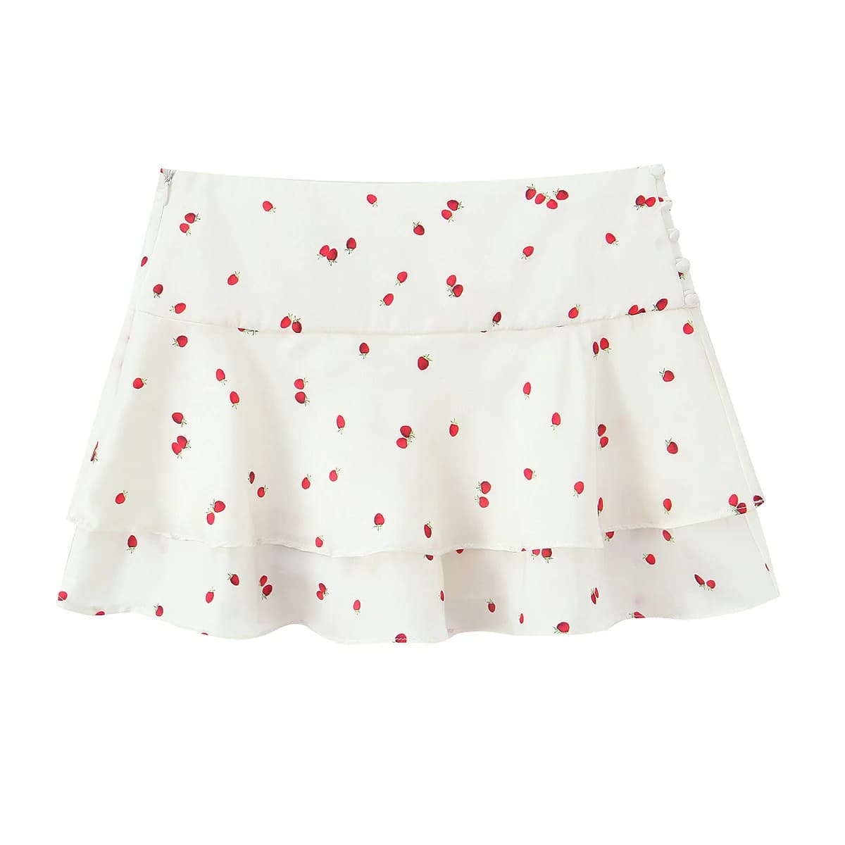 Jupe courte en satin de soie imprimé fraises avec haut à bretelles, taille haute, coupe ajustée, sty