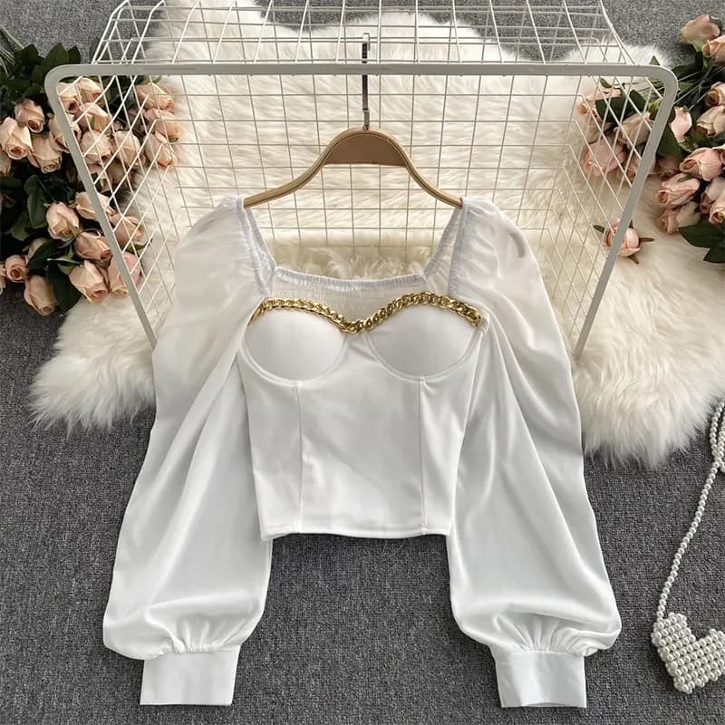 Chemise à manches longues bouffantes pour femmes, haut court français avec chaîne de clavicule, épau