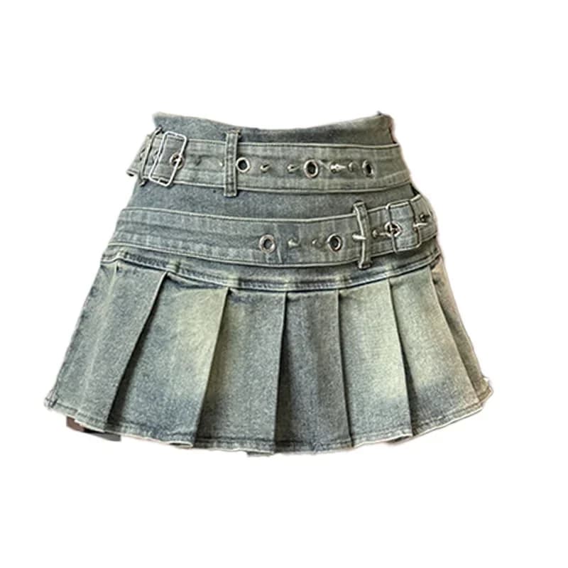 Jupe en jean pour femme avec ceinture cloutée, mini-jupe plissée taille basse, bleu noir, style Alt 