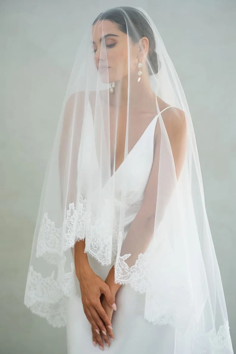 Voile de mariée Mantilla, voile de mariée à deux niveaux avec bordure en dentelle, voile de mariée l
