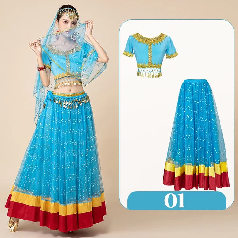 1 Ensemble de costumes de danse orientale pour femmes, sari indien, hauts et jupes de danse nuptiale
