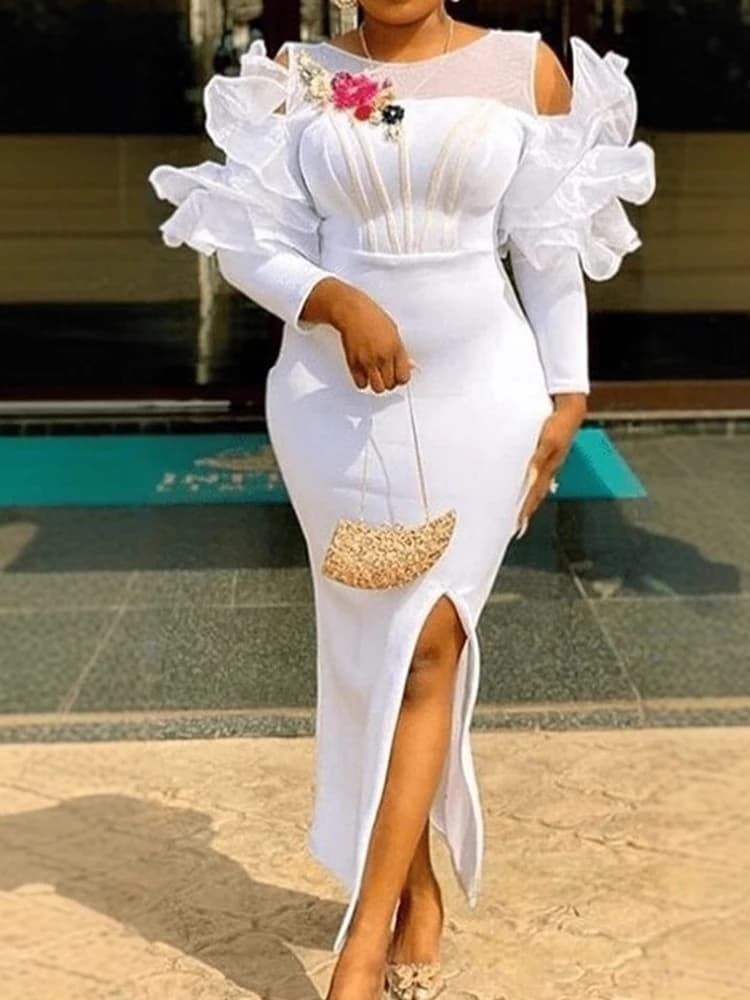Femmes blanc robe de noël tenue de soirée Sexy longue fente latérale robe de mariage blanc robes élé