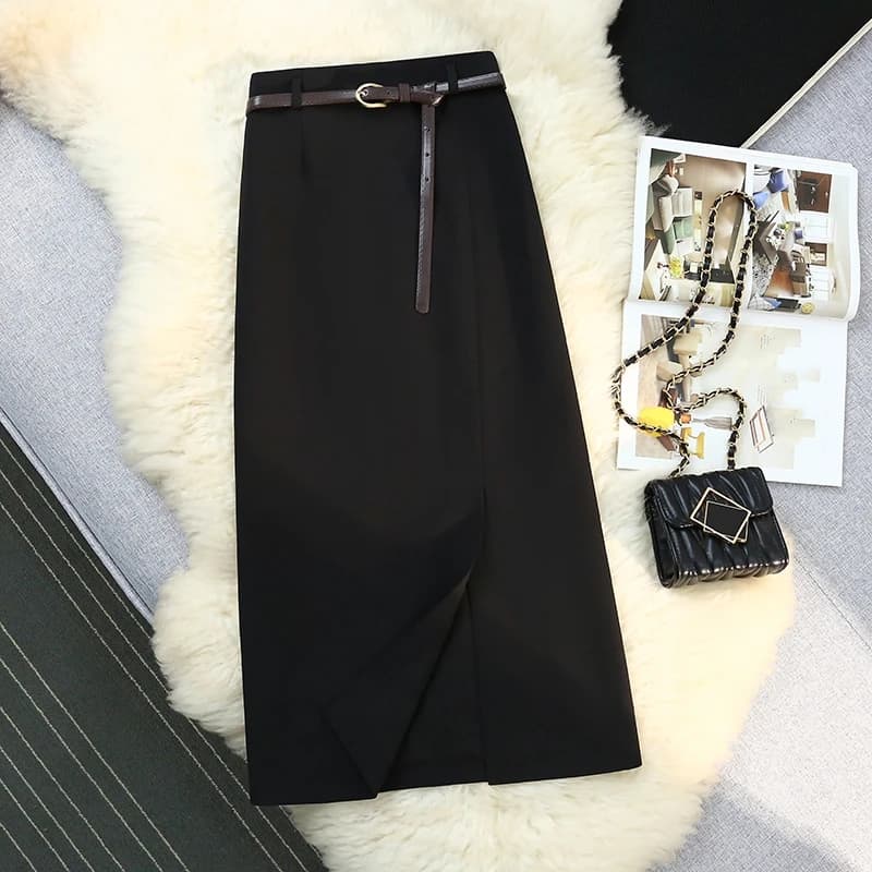 Jupes mi-longues pour femmes, couleur unie, fendue sur le devant, taille haute, Vintage, bureau, lig