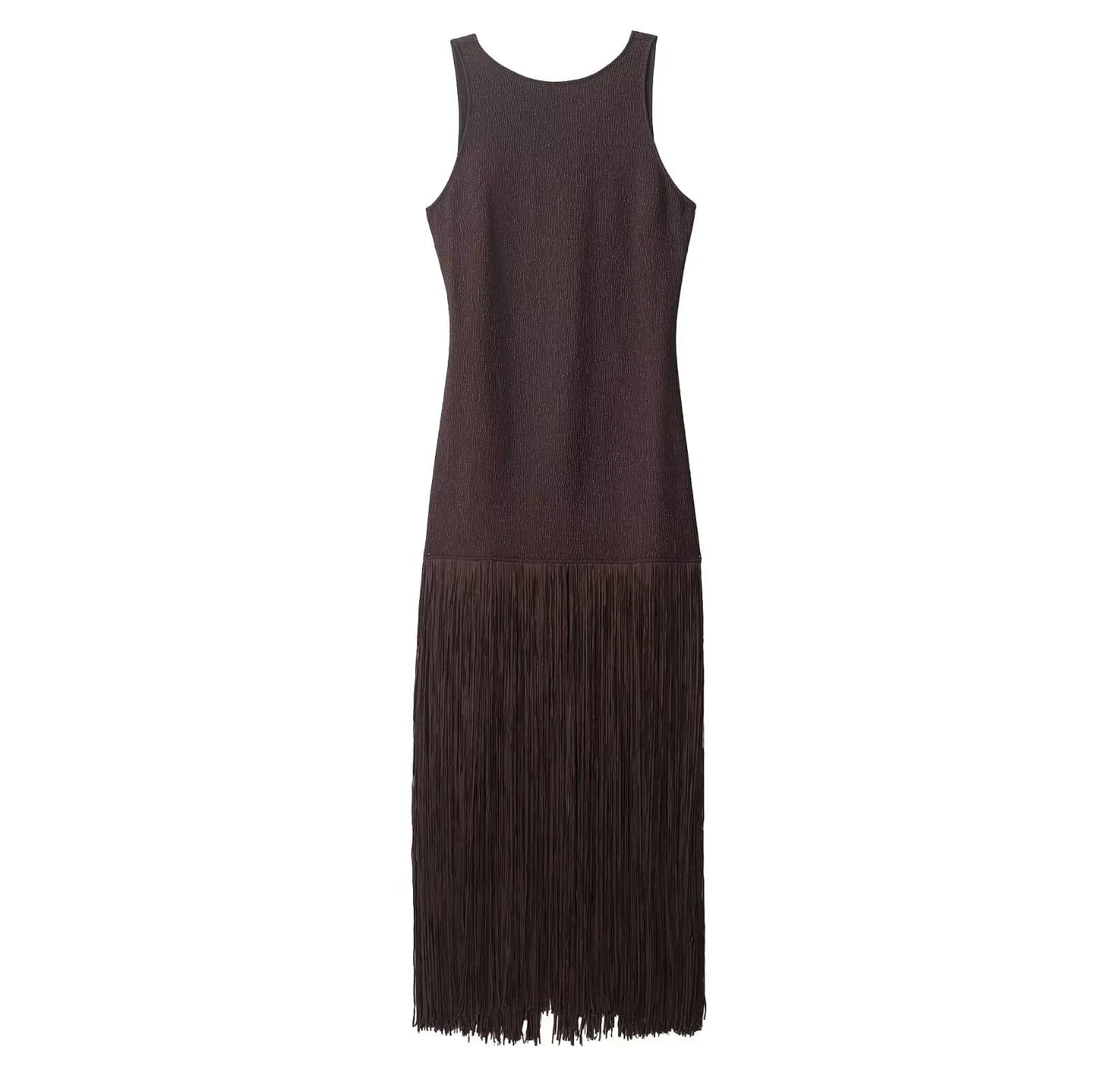 Robe Sexy dos nu, coupe cintrée, garniture à pampilles, Style de rue, col rond, jupe longue trapèze 