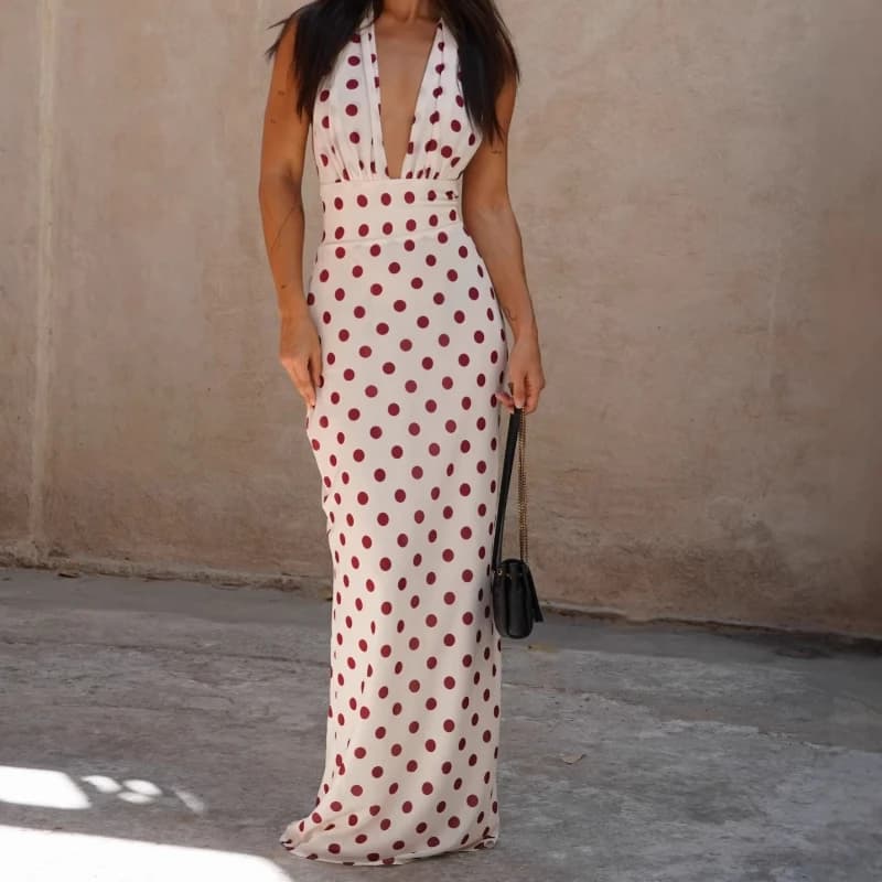 Robe longue moulante à pois style rétro français pour femme 2026, col en V sexy, bretelles fines, st