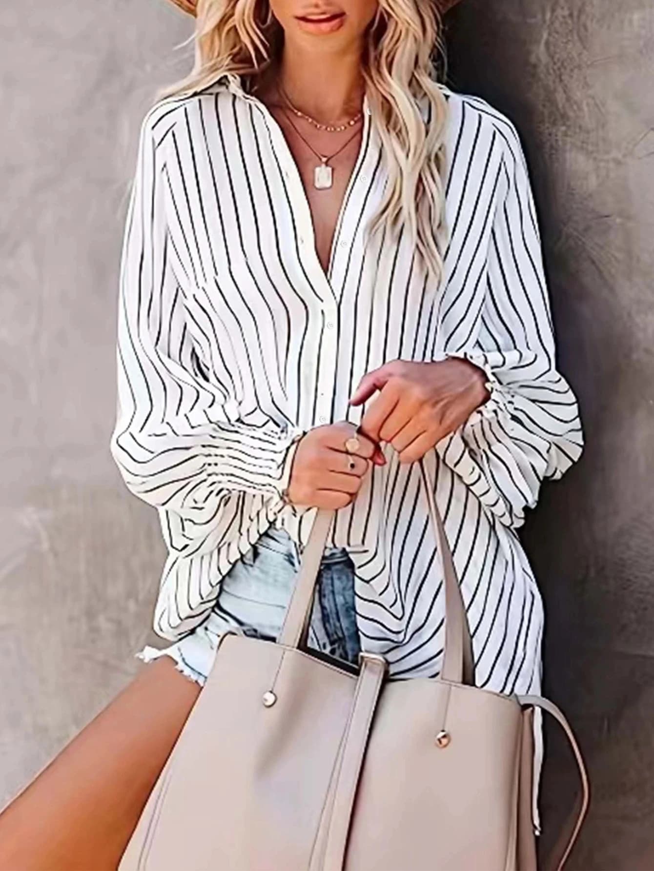 Chemise boutonnée à manches longues et col en V pour femme, haut rayé, chemise respirante, mode déco