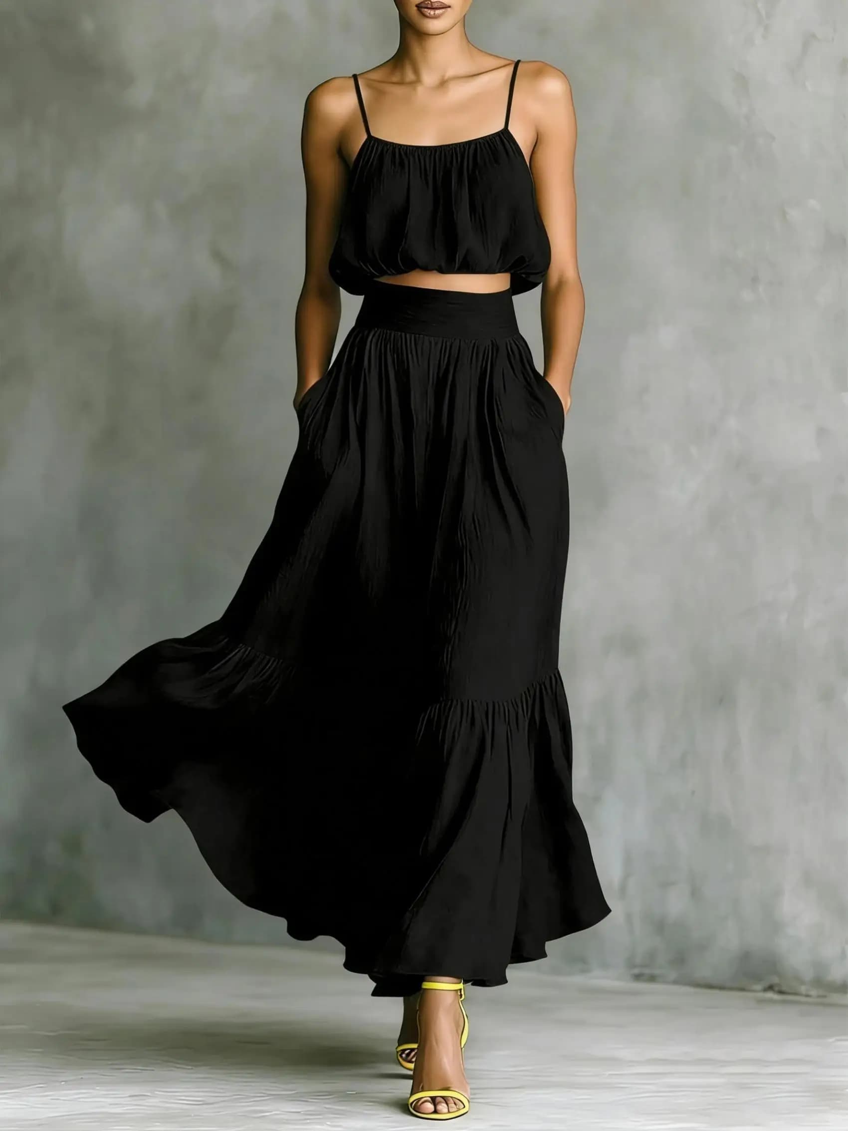 Ensemble jupe midi et haut à col halter pour femme avec large ourlet – Tenue élégante deux pièces po