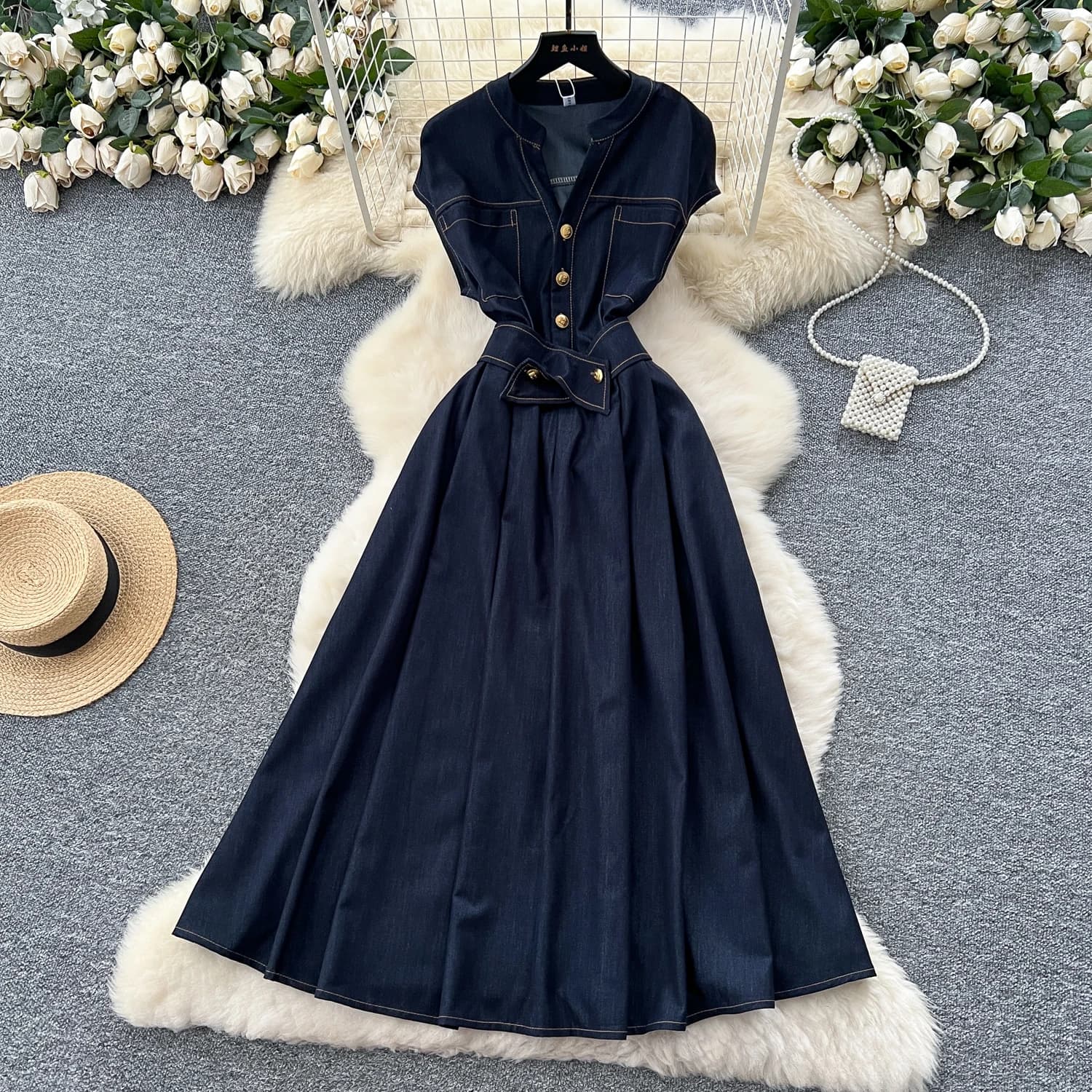 Robe longue en Denim pour femmes, Vintage français, bureau, col en V, manches chauve-souris, luxe, é