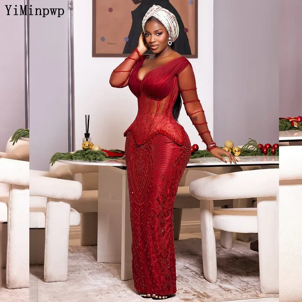 Robe de soirée formelle rouge Aso Ebi pour femme 2026, corset en dentelle et perles, coupe droite, p