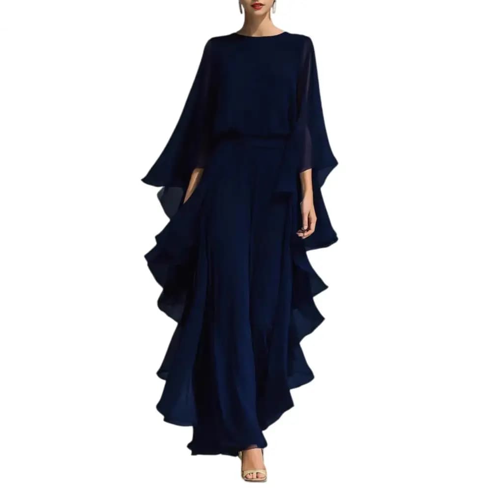 Ensemble haut en mousseline de soie bleu marine pour femme avec manches évasées et pantalon droit à 