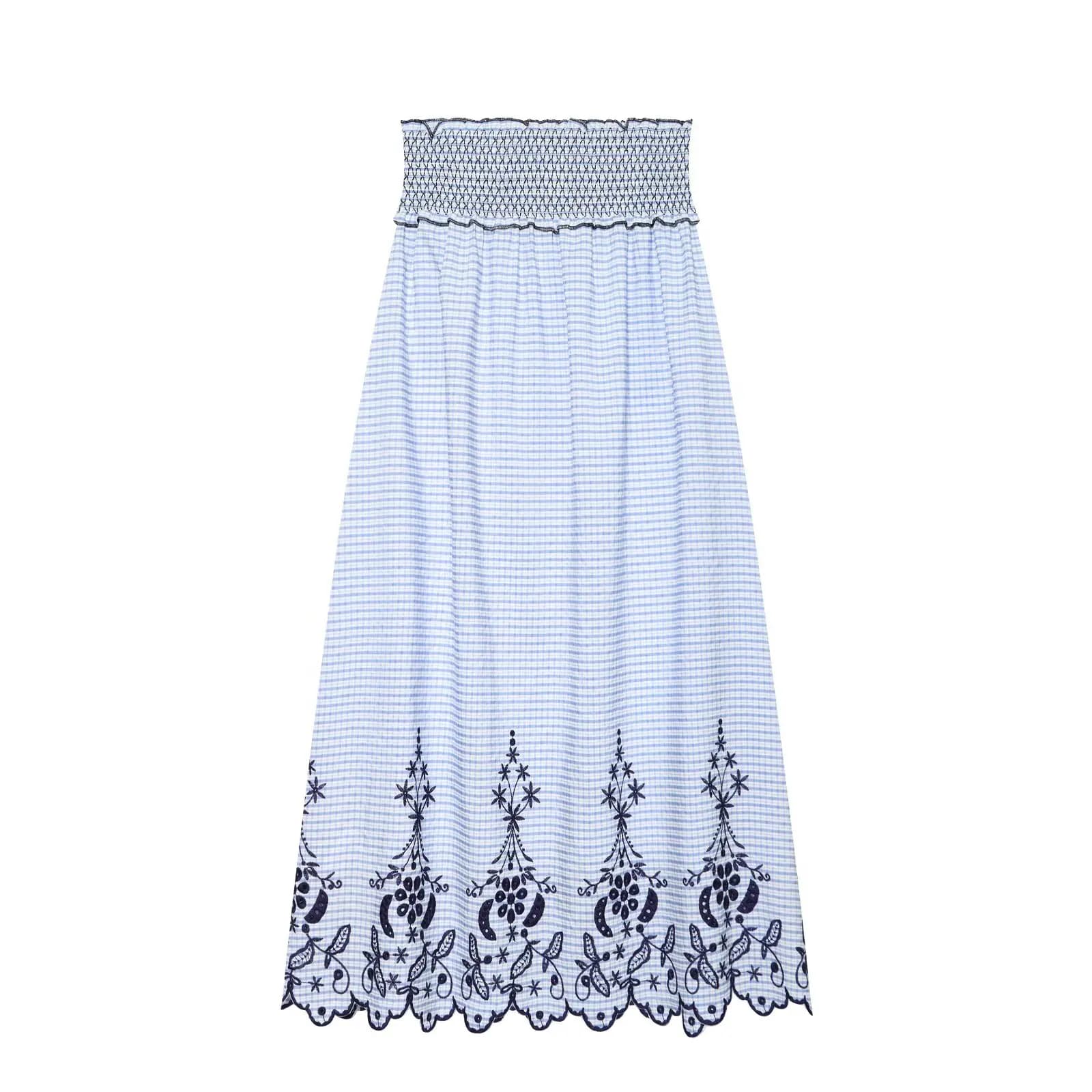 Jupe longue légère pour femme HH, style preppy, en gingham bleu aérien, taille smockée, broderie ajo