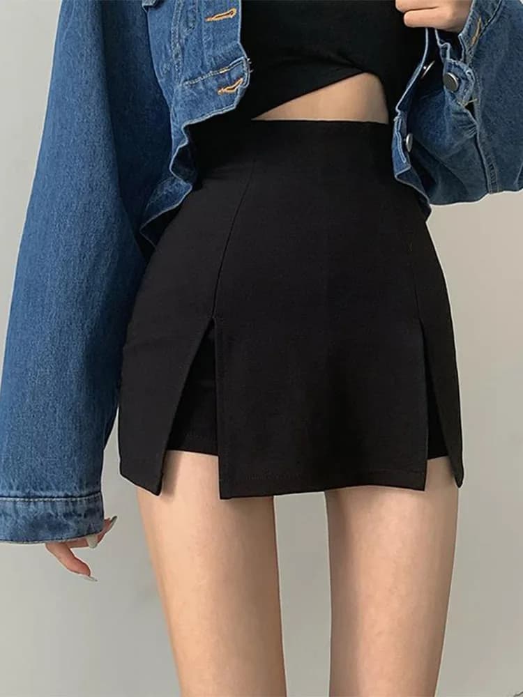 Jupe courte fendue sexy pour femmes, tenue de bureau, imbibée, mini pantalon trapèze noir, taille ha