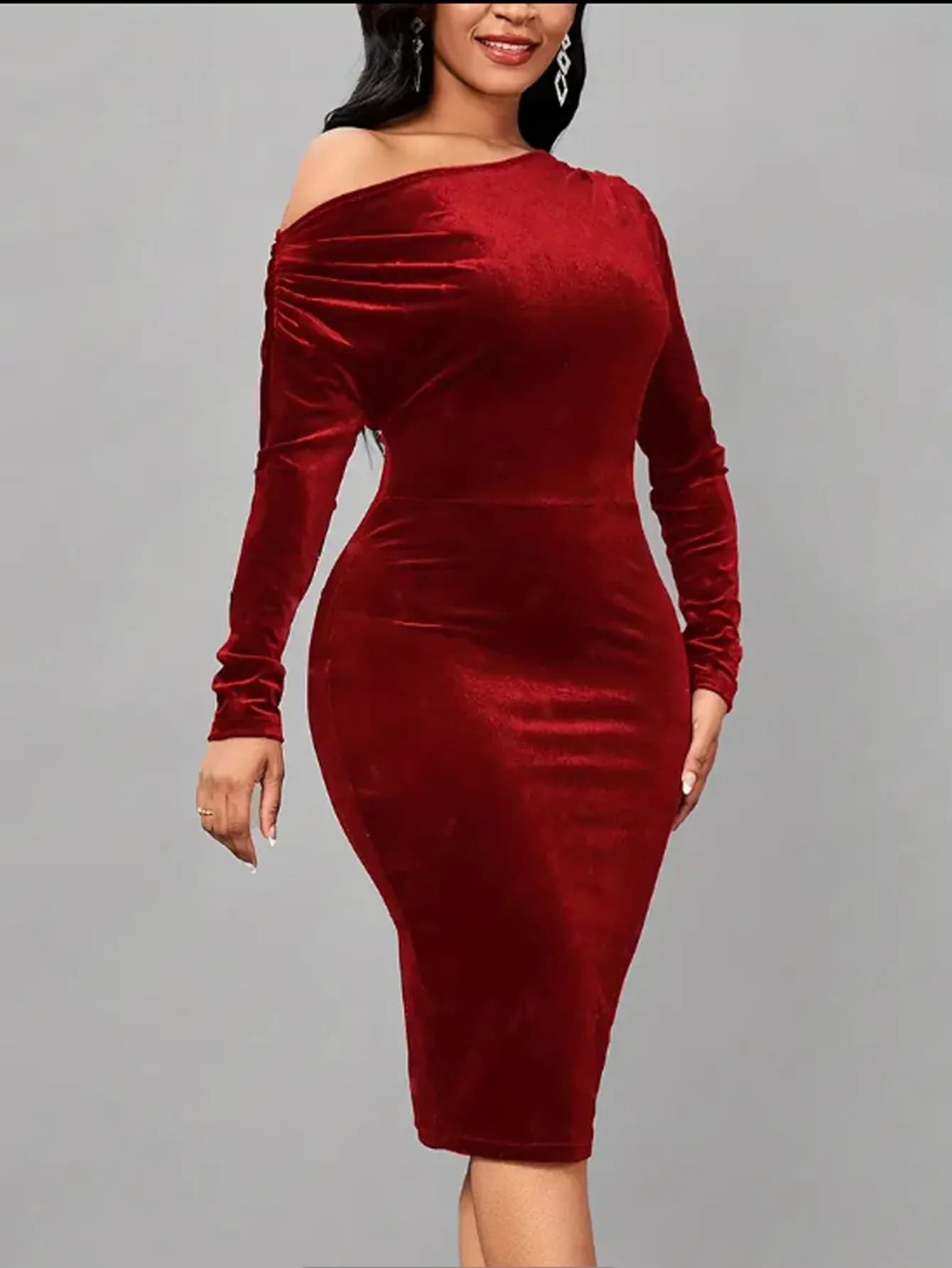 Robe de soirée en velours rouge pour femme, manches longues, grande taille, tambour con, dames, sexy
