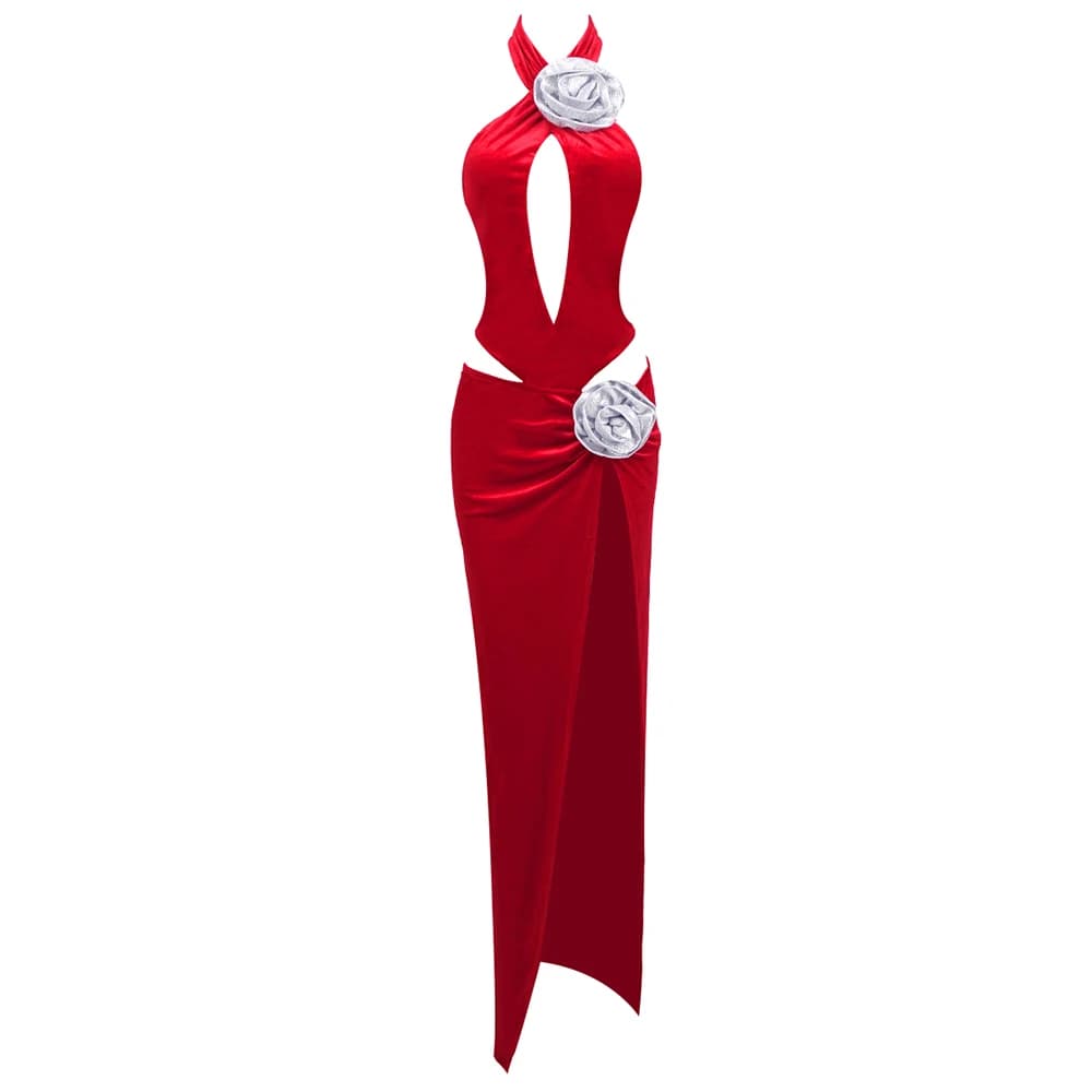 Robe sexy en velours rouge – Robe longue dos nu découpée avec appliques de fleurs argentées et fente