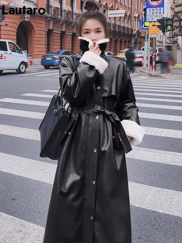 Lautaro-Manteau long et chaud en cuir optique pour femme, parka doublée de fourrure, ceinture intéri
