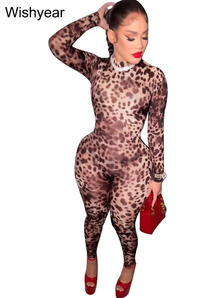 Combinaison longue et courte pour femmes, imprimé léopard, manches longues, Hipster, extensible, une