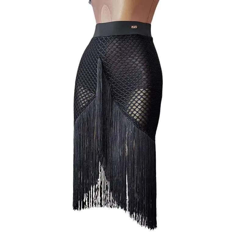 Jupe de danse latine noire à franges, Costume de danse latine pour femmes, vêtements de danse en den
