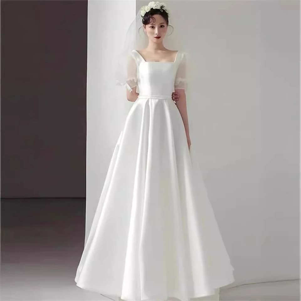 Robes de mariée personnalisées 2026 pour femme, col carré, manches courtes, coupe trapèze simple, tr