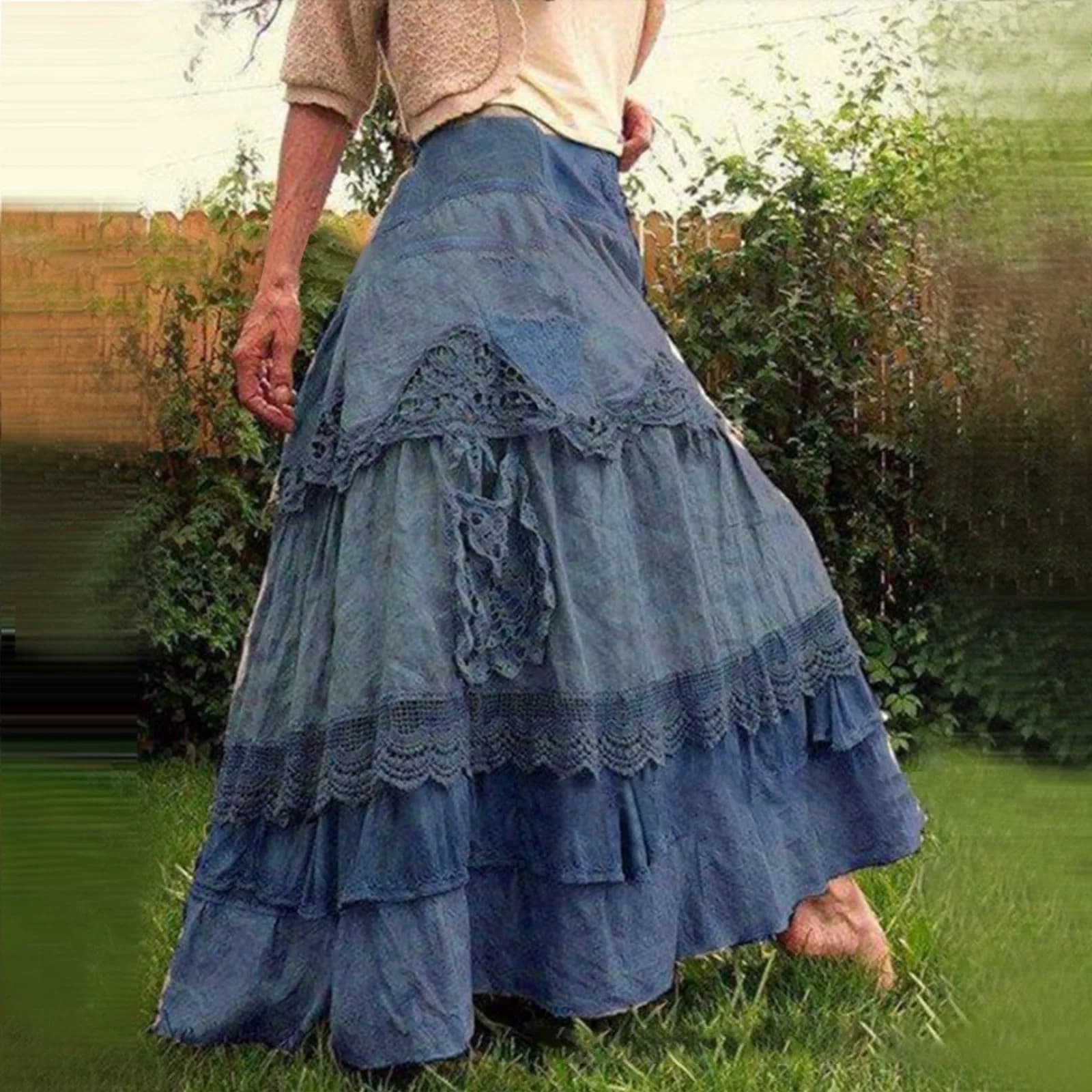 Jupe longue en dentelle pour femmes, style Boho, à plusieurs niveaux, filet évasé, boutons élégants,