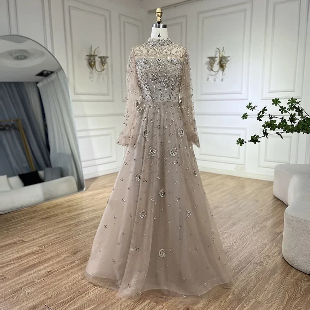 Robe de soirée longue de luxe pour femmes musulmanes, couleur chair, ligne a, perlée, élégante, duba