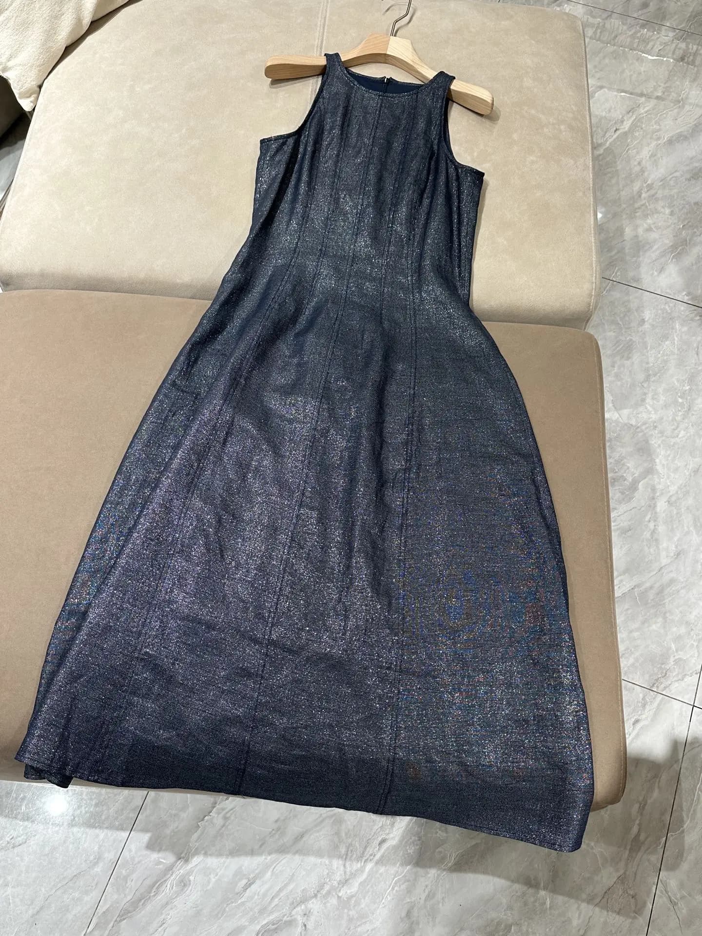 GuliChic – robe longue en lin sergé scintillant pour femmes, col rond, sans manches, coupe cintrée, 