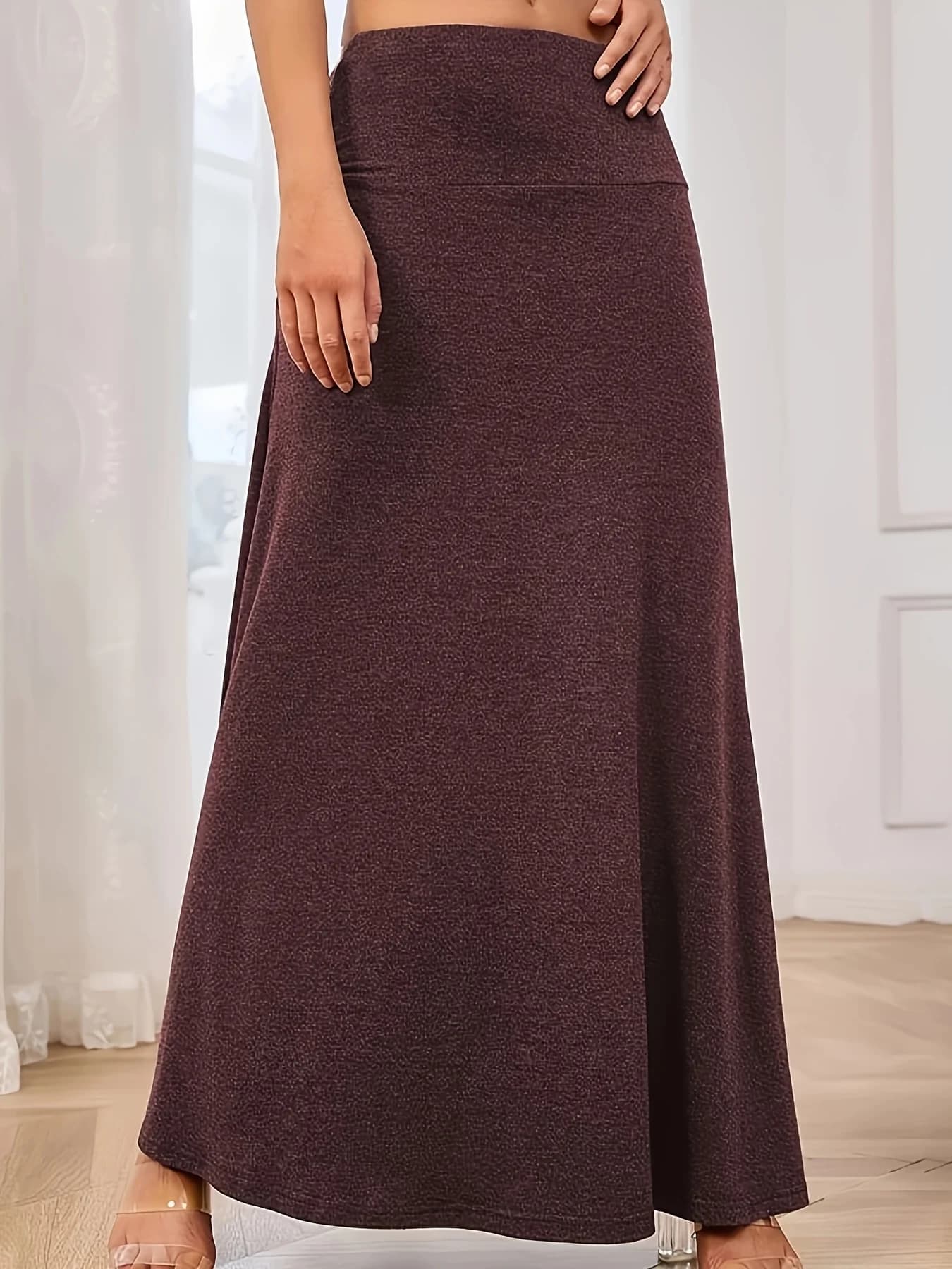 Jupe longue évasée taille haute en tricot élastique grande taille 1XL-5XL unie amincissante polyvale