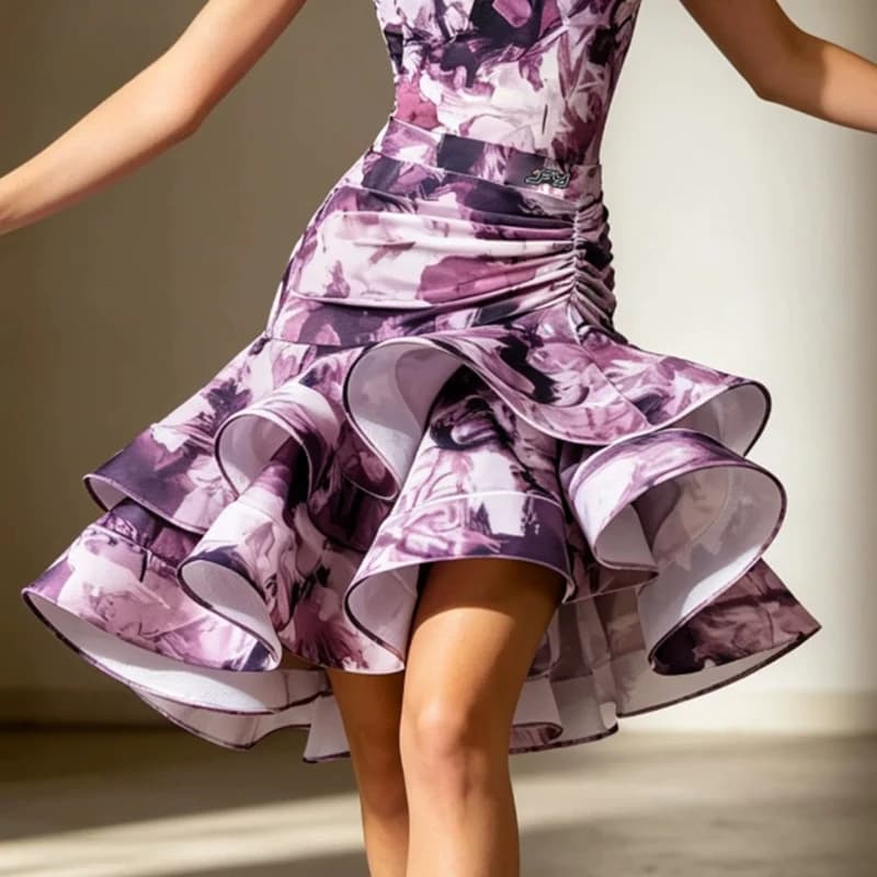 Jupe de danse latine pour femme, imprimé dégradé violet, jupe à bretelles, robes de compétition prof