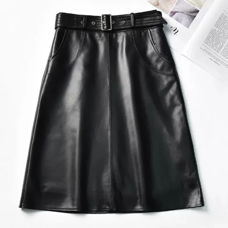Vêtements pour femmes 2025 Jupe en cuir véritable femme a-ligne poches Wrap Jupe Mujer Midi longue c
