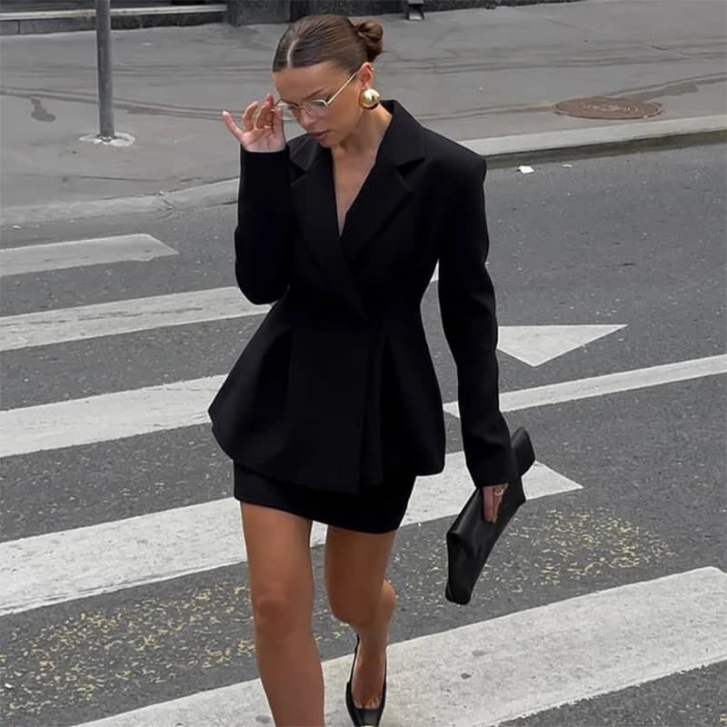 Femmes jupe costume Chic Laple simple boutonnage manches longues manteaux taille ample Mini jupes en
