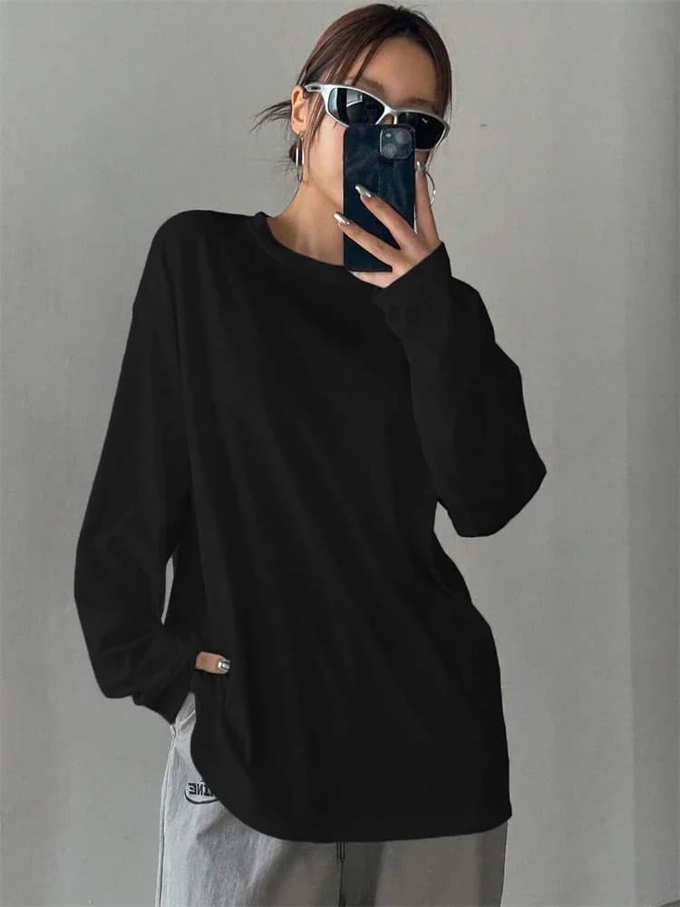 Femmes basique à manches longues ample col rond T-shirt automne hiver couleur unie T-shirt haut Stre