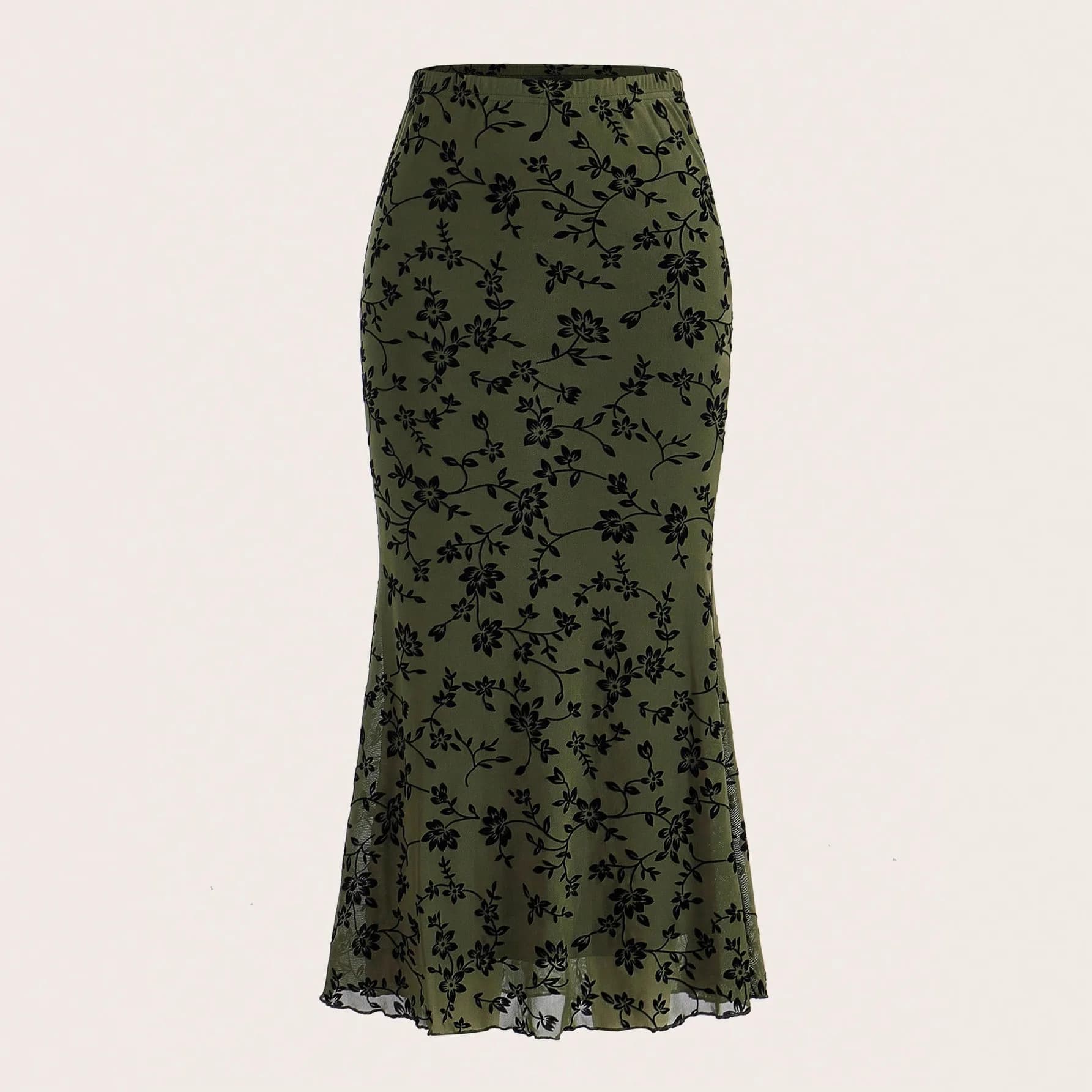 Jupe queue florale vert foncé, décontractée, mode polyvalente, demi-longueur, nouvelle collection au