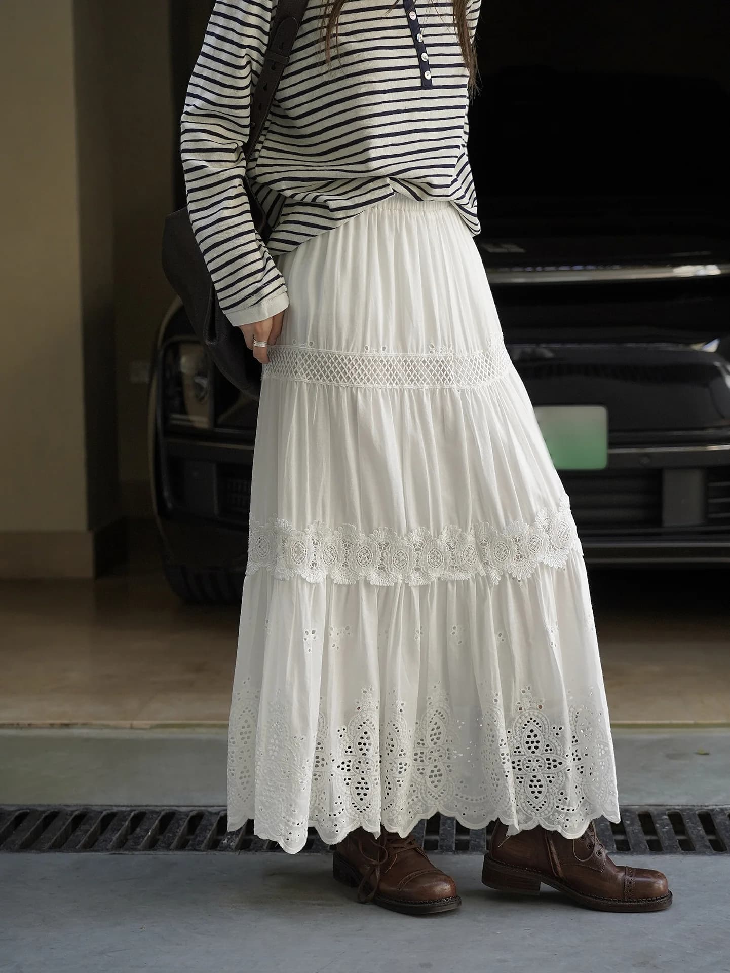Demi-jupe longue en dentelle pour femmes, style romantique bohème, pétale, couleur unie, ample, gran